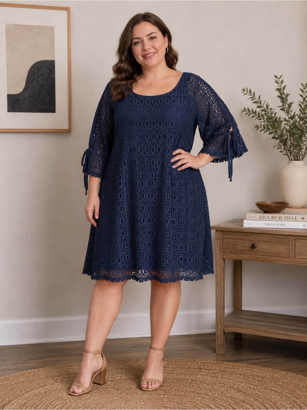 Plus Size Avenue Navy Lace Overlay Midi Dress with 3/4 Tie Sleeves Size 26/28